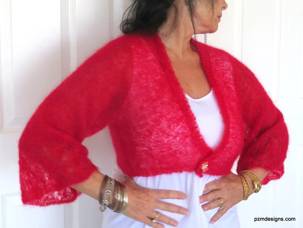 Red Silk Mohair Cardigan Sweater Shrug, Red Hand Knit Silk Shrug