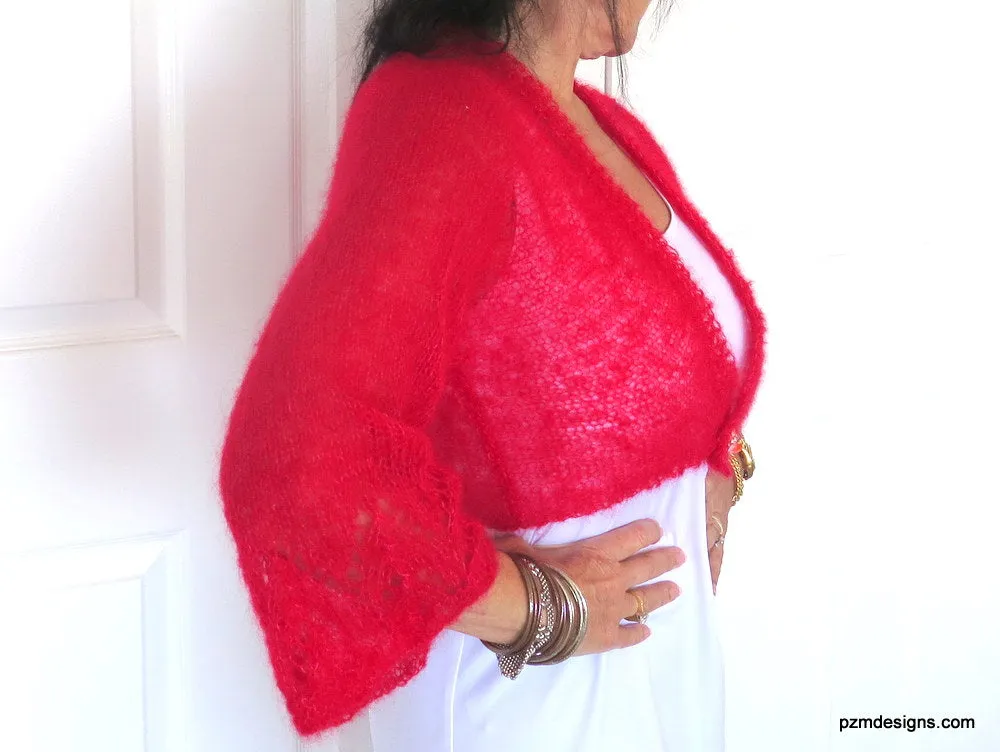 Red Silk Mohair Cardigan Sweater Shrug, Red Hand Knit Silk Shrug