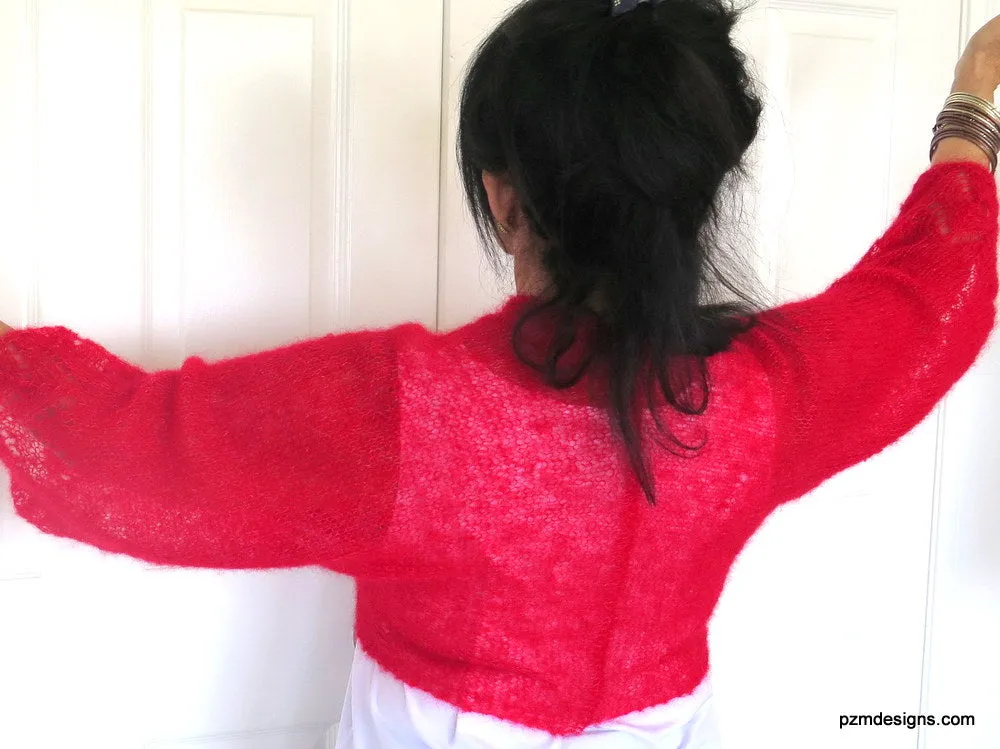 Red Silk Mohair Cardigan Sweater Shrug, Red Hand Knit Silk Shrug