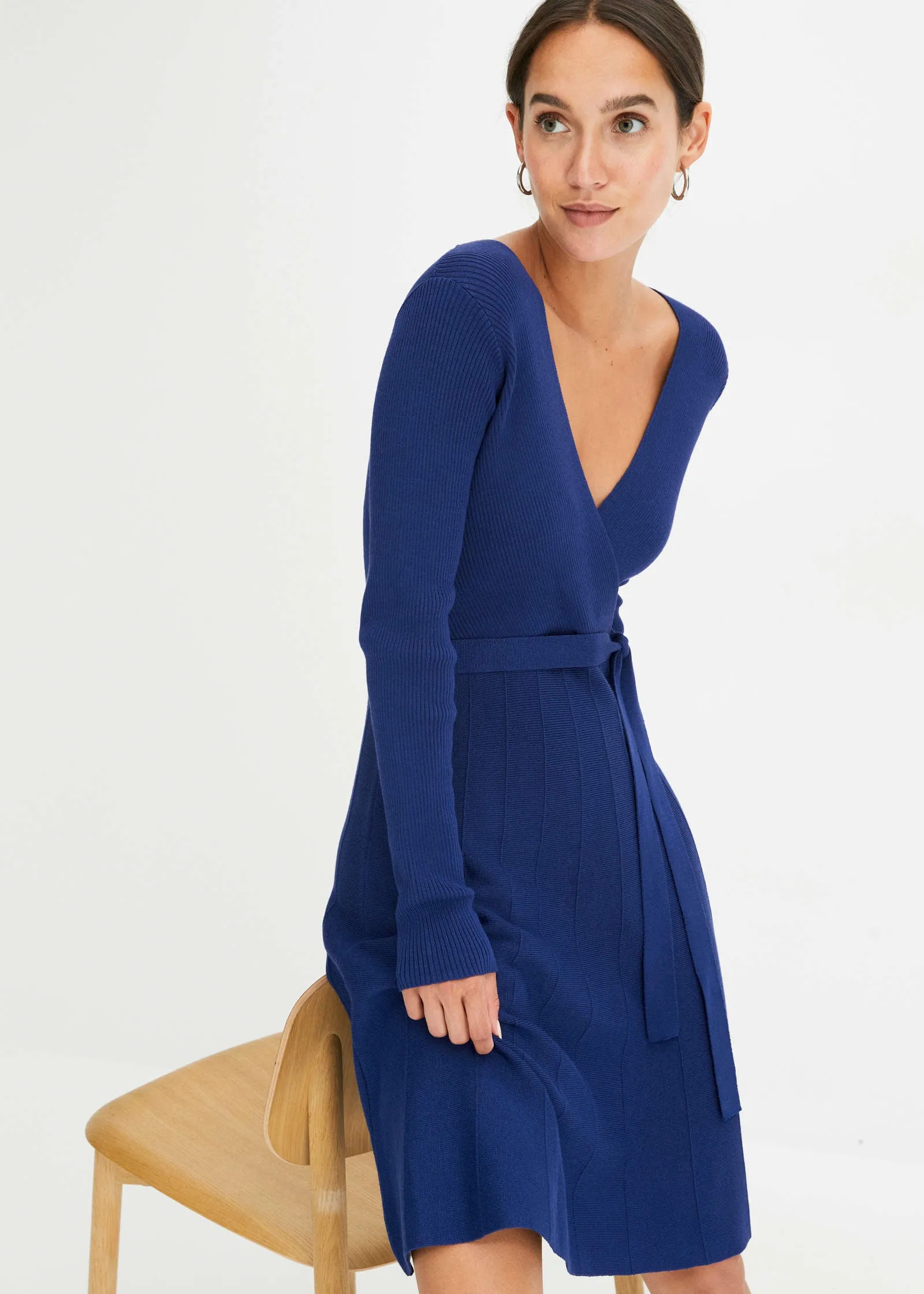 Ribbed Wrap Dress - Blue