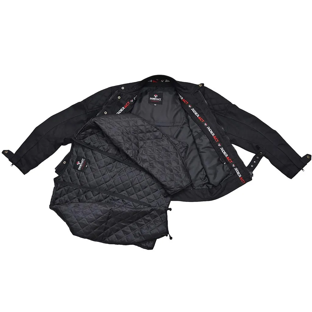 RIDERACT®  Waxed Cotton Motorcycle Jacket Black Stellar