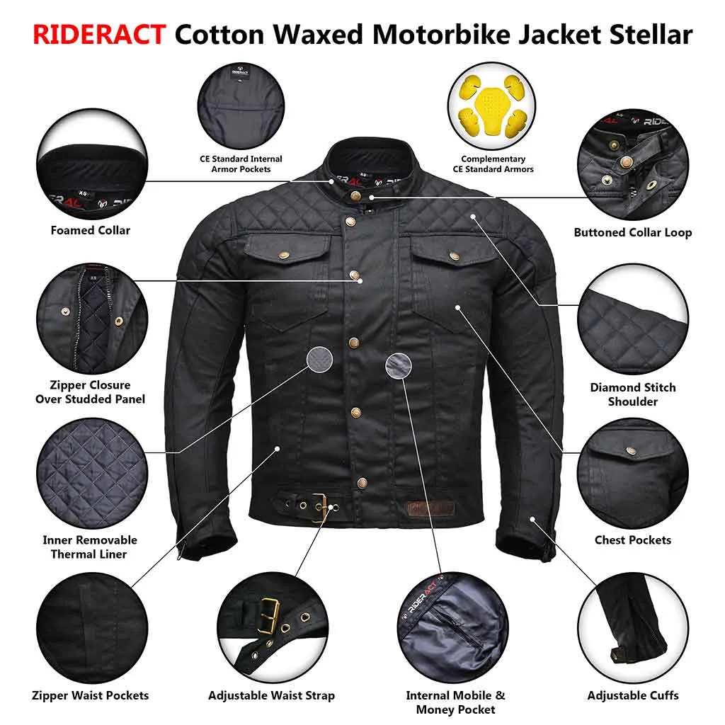 RIDERACT®  Waxed Cotton Motorcycle Jacket Black Stellar