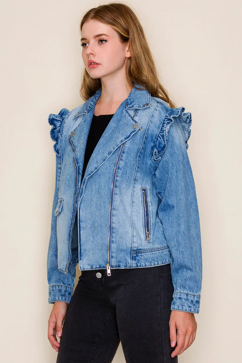 RUFFLE SLEEVE DENIM MOTO JACKET