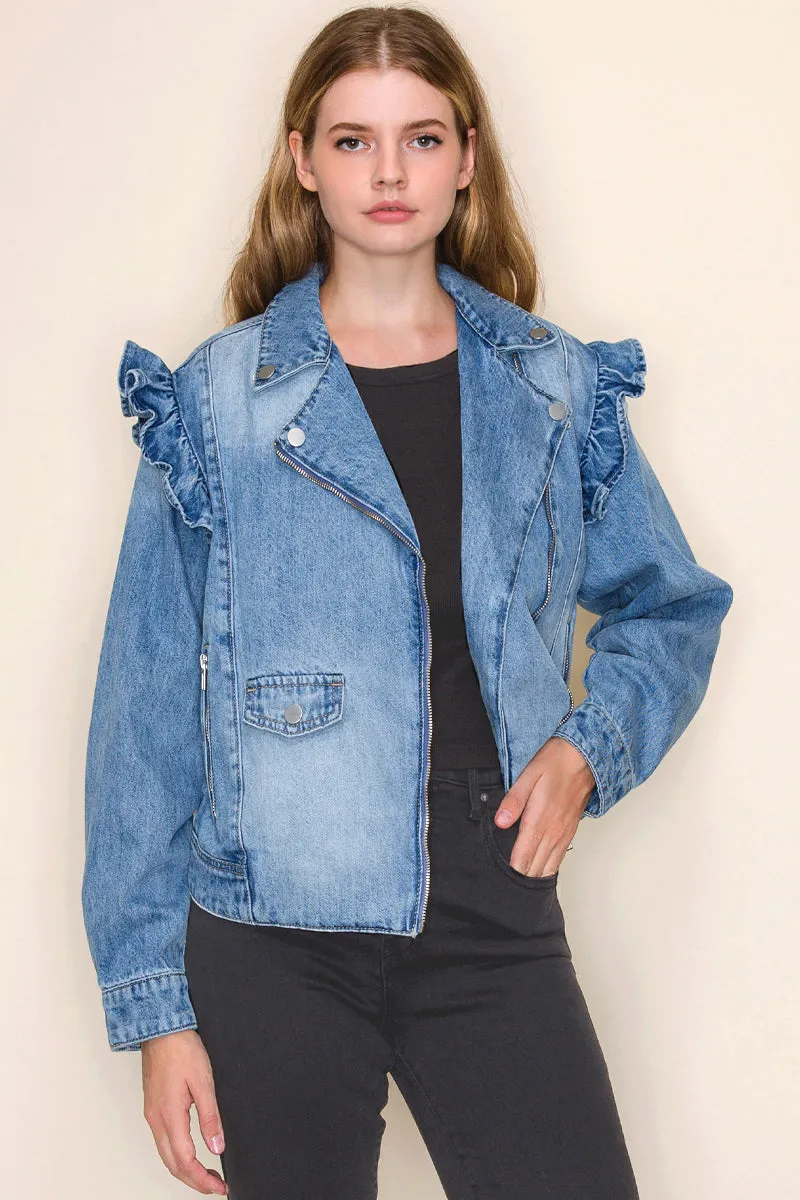 RUFFLE SLEEVE DENIM MOTO JACKET