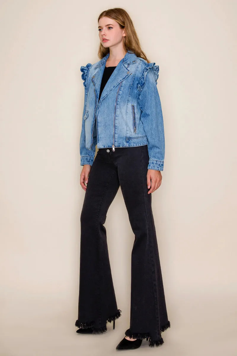 RUFFLE SLEEVE DENIM MOTO JACKET