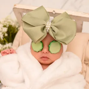 Sage Green Large Bow with Pearl Strand Center on WHITE HAT - Newborn Girl Bow Hospital Hat