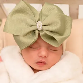 Sage Green Large Bow with Rhinestone and Tiny Pearl Gem Center on OATMEAL HAT - Newborn Girl Bow Hospital Hat