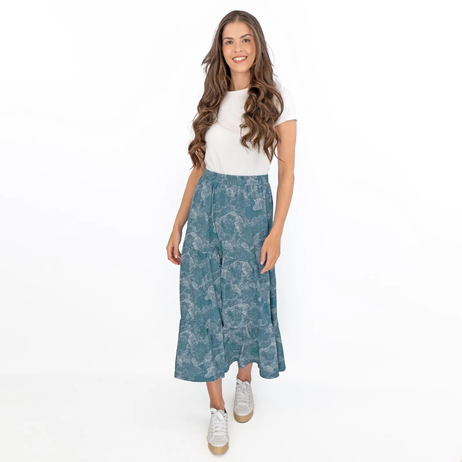 Seasalt Teal Dotted Skies Dark Eden Line Strokes Flare Maxi Skirt