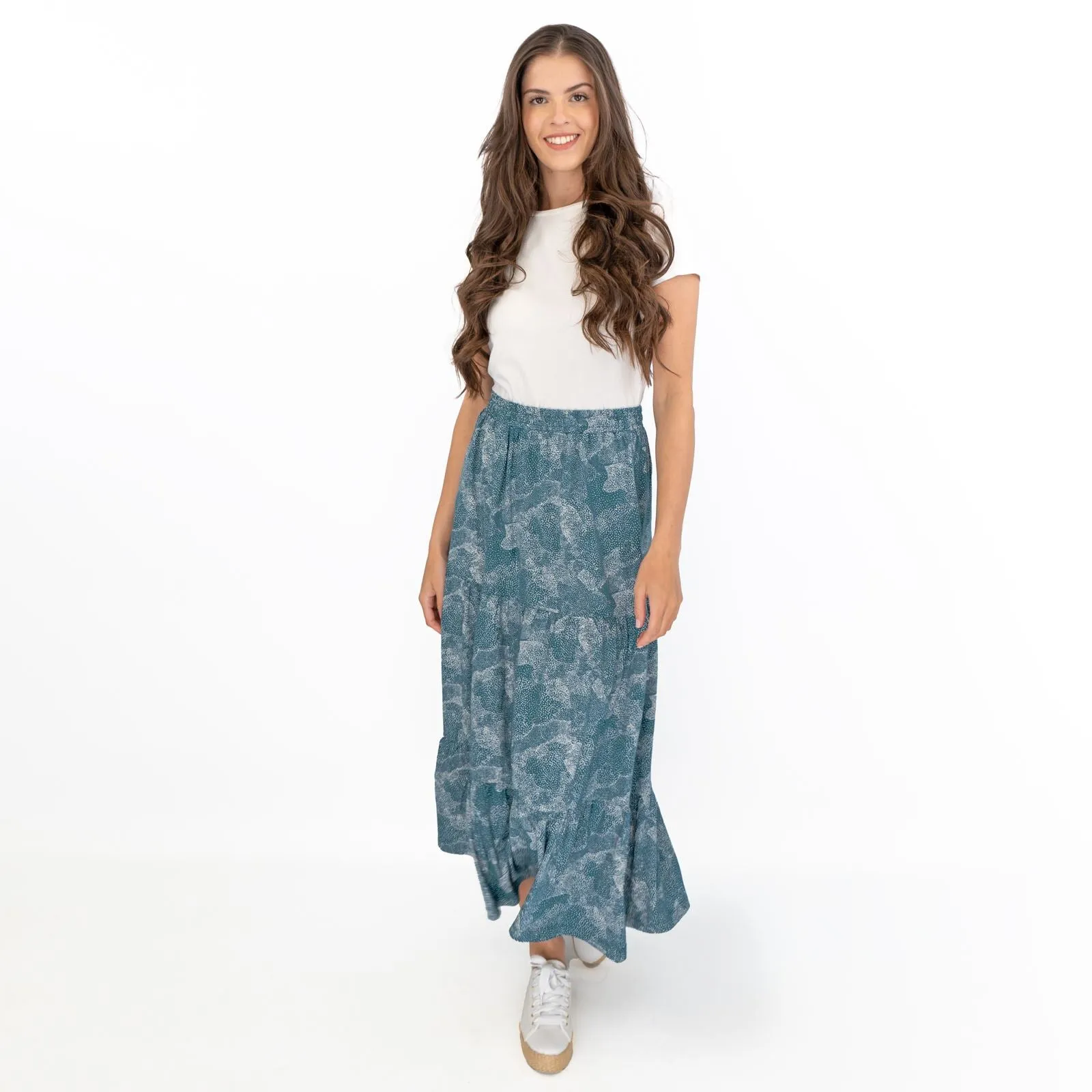 Seasalt Teal Dotted Skies Dark Eden Line Strokes Flare Maxi Skirt