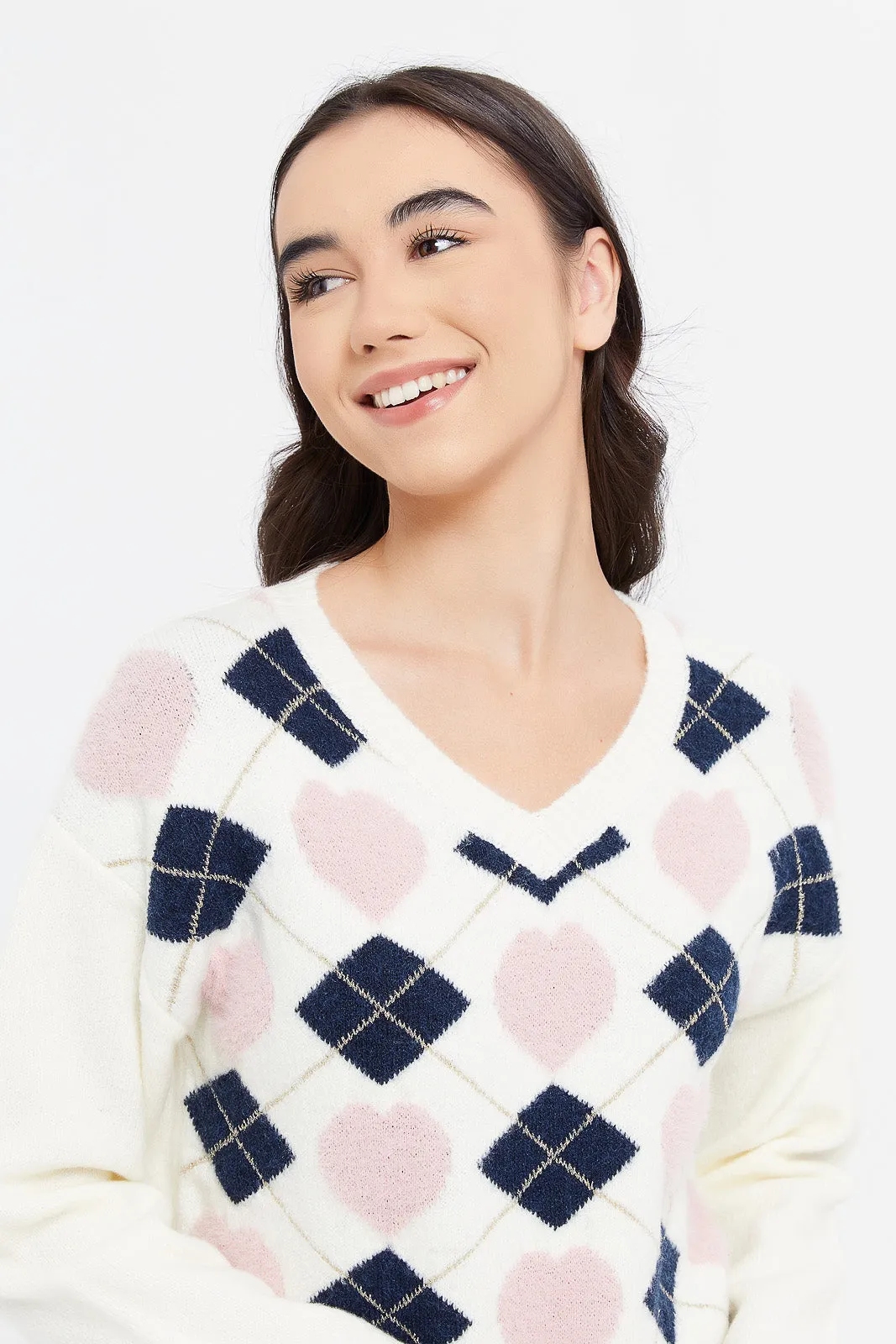 Senior Girls White Drop Shoulder Printed Pullover