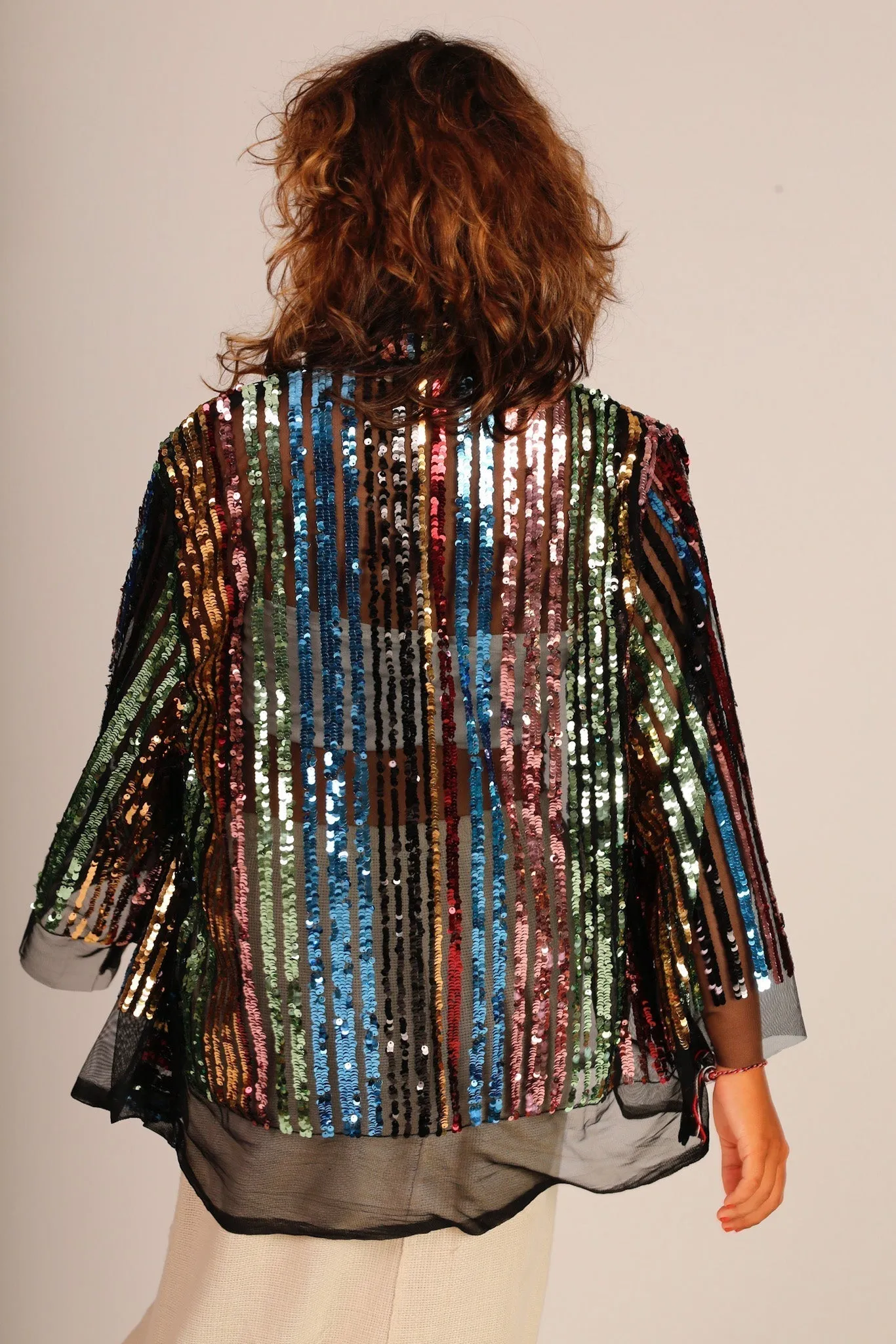 SEQUIN EMBROIDERED CHIFFON SILK SHORT KIMONO