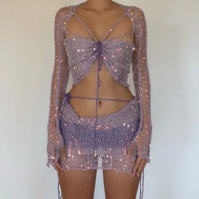 Sexy Pink Sequin Crochet Fishnet Set