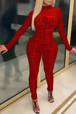 Sexy Red Italian Print Catsuit Jumpsuit