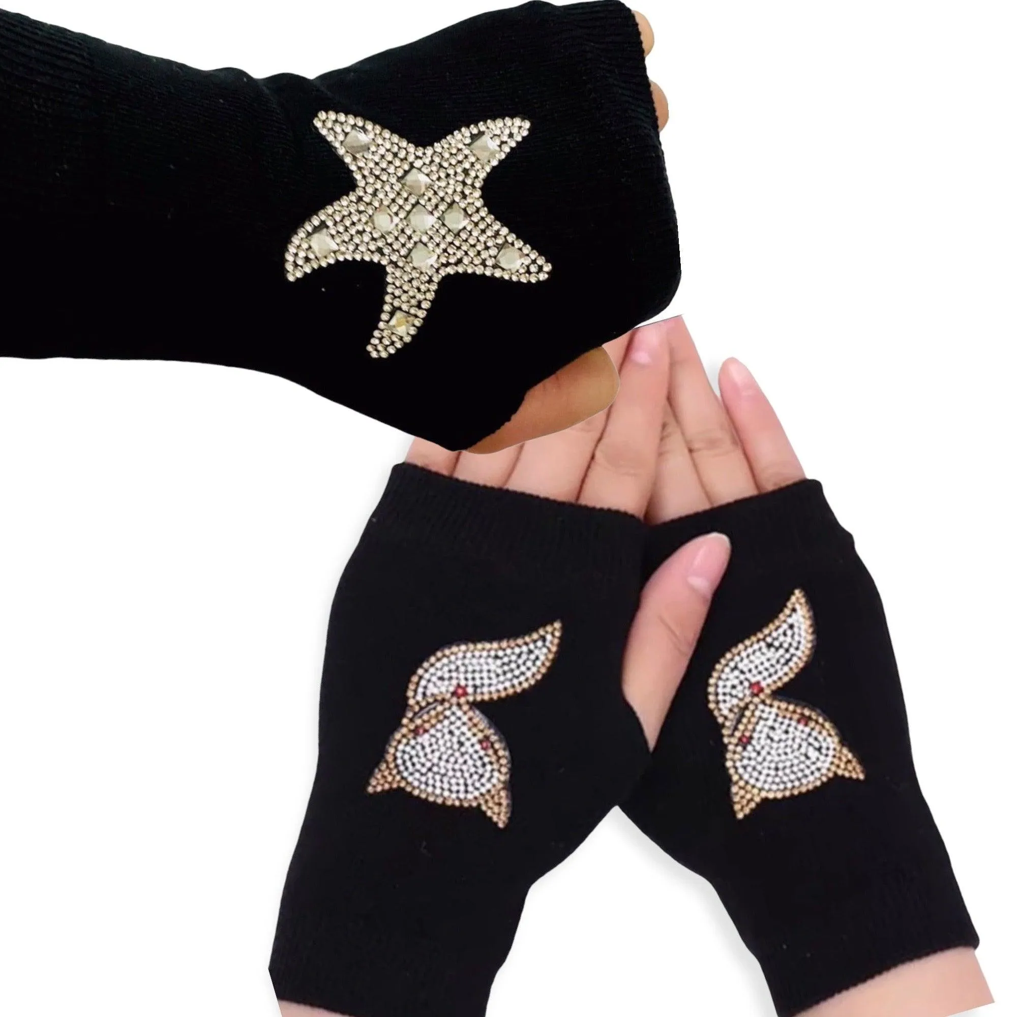 Short Knit Star Studded Hand Warmer Gloves