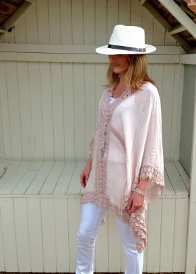 Sienna Lace Cotton Kimono in Pink Made In Italy By Feathers Of Italy One Size