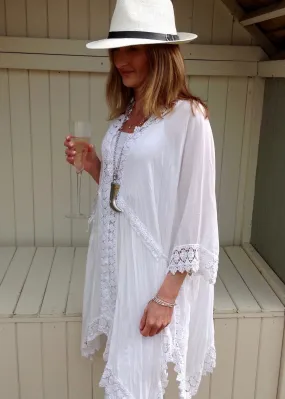 Sienna Lace Cotton Kimono in White Made In Italy By Feathers Of Italy One Size