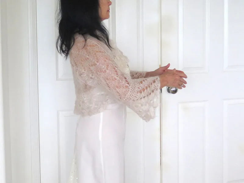 Silk Bridal Shrug, White Silk Mohair Lace Bridal Bolero Shrug