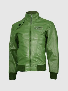 Size 4XL Green Leather Bomber Jacket for Men