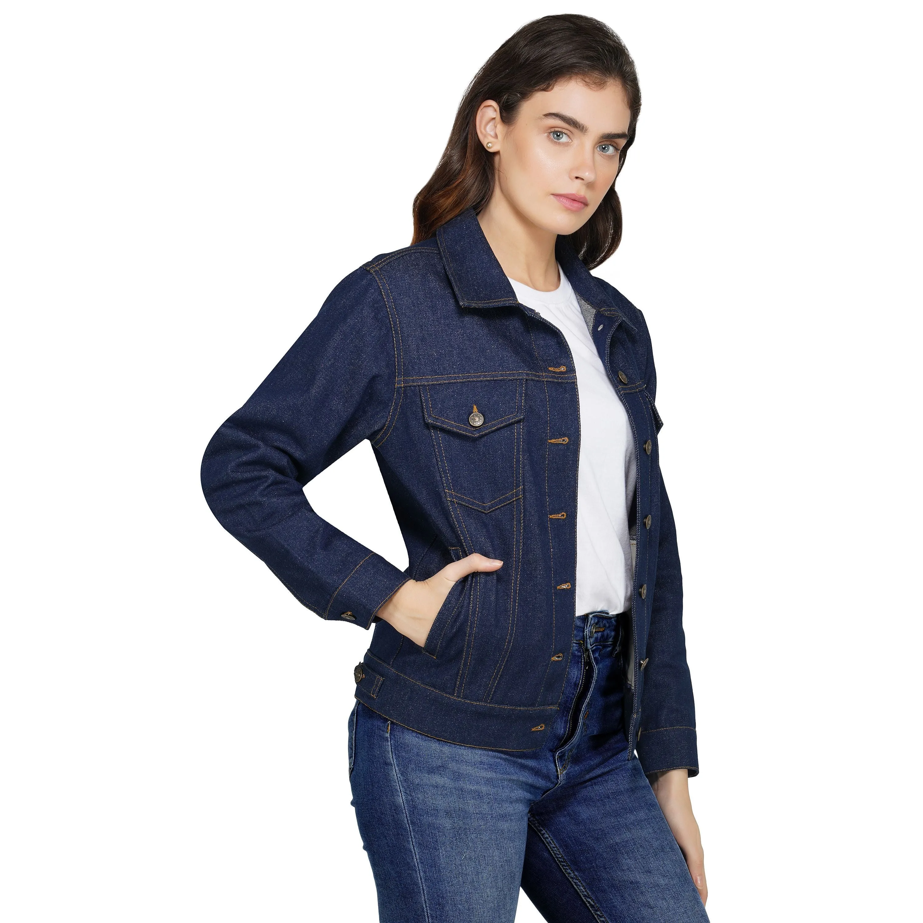 SLAY. Women's Navy Blue Button-Down Denim Jacket