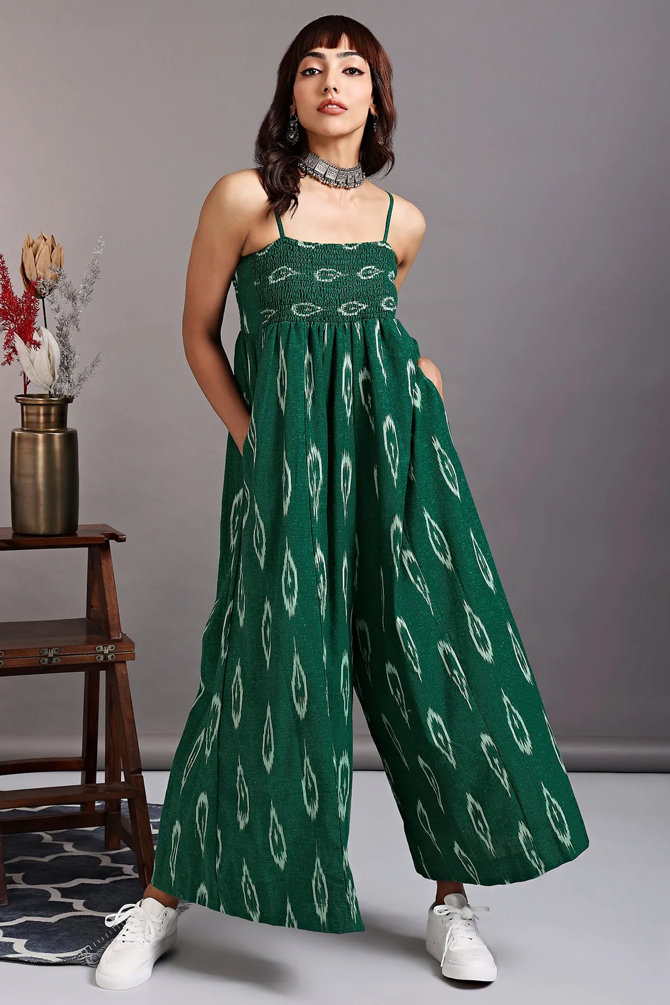 smock jumpsuit with strap - castleton green & ivory dash