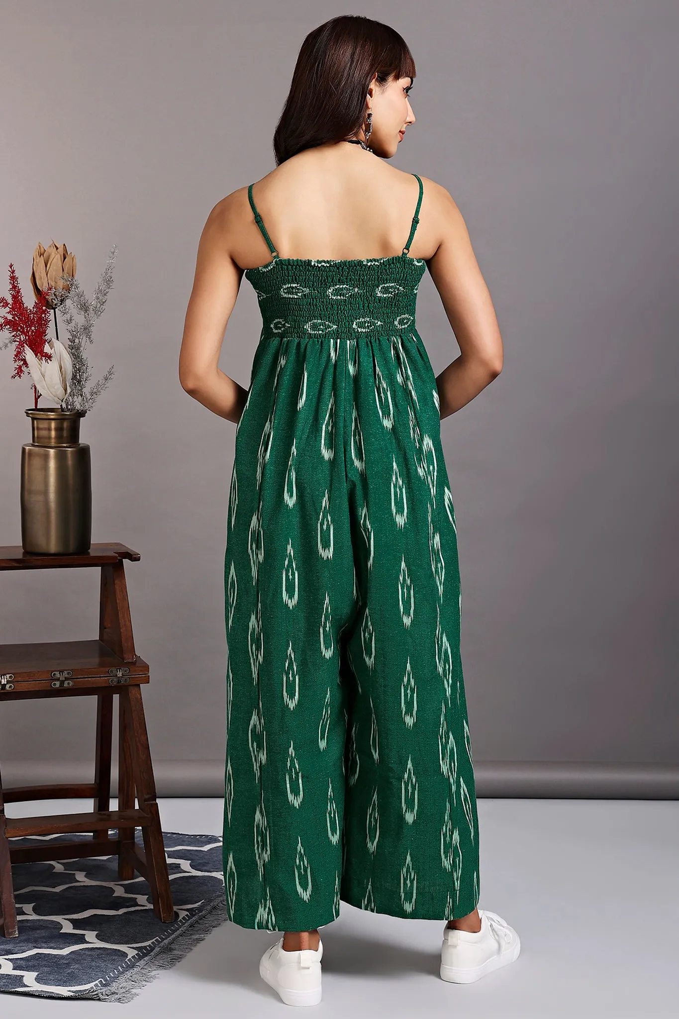 smock jumpsuit with strap - castleton green & ivory dash