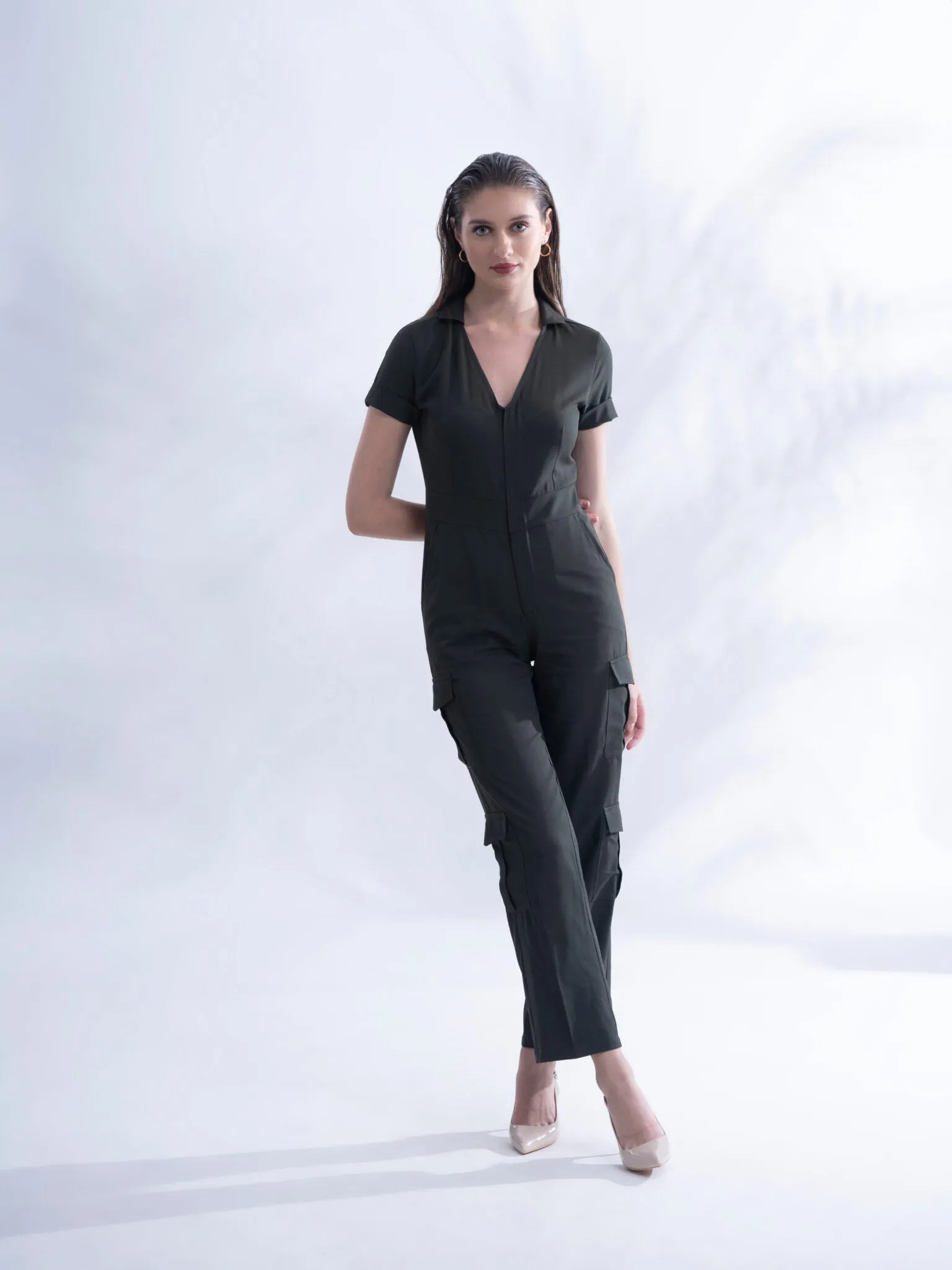 Solid Regular fit Satin Olive green jumpsuit