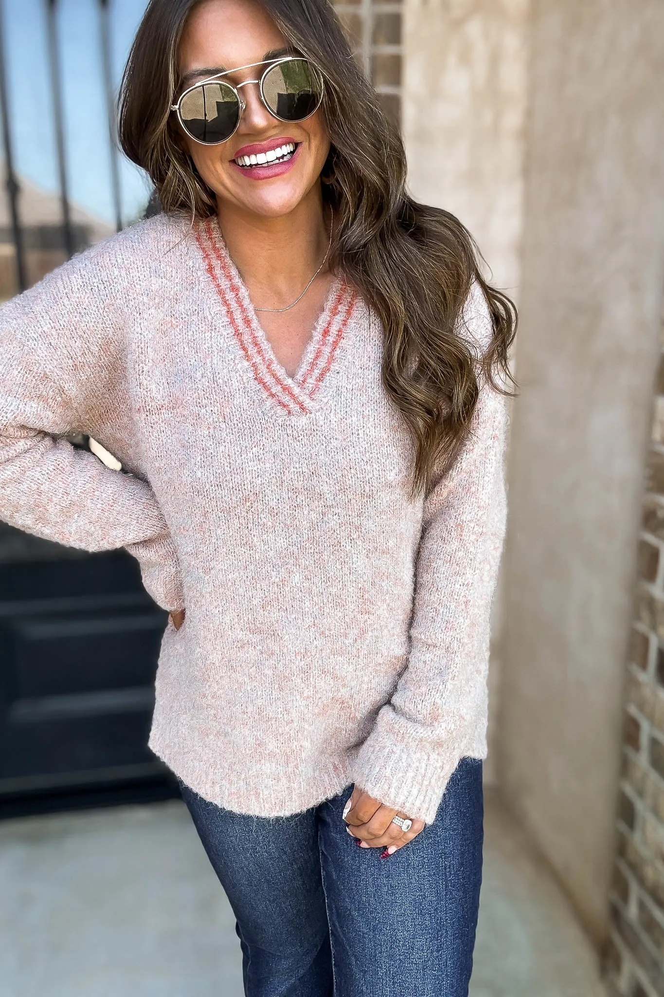 Sweater Weather Mauve Long Sleeve Colorblock Stripes Pullover Sweater