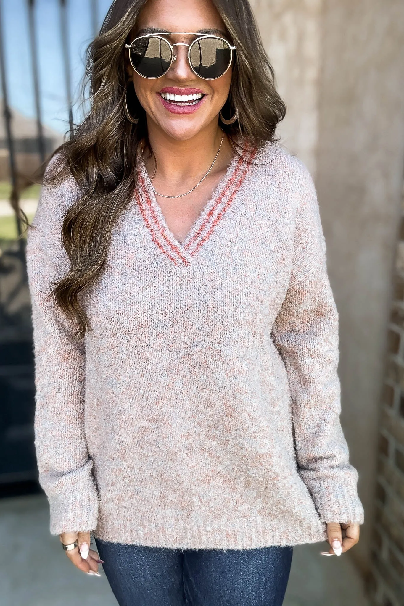 Sweater Weather Mauve Long Sleeve Colorblock Stripes Pullover Sweater