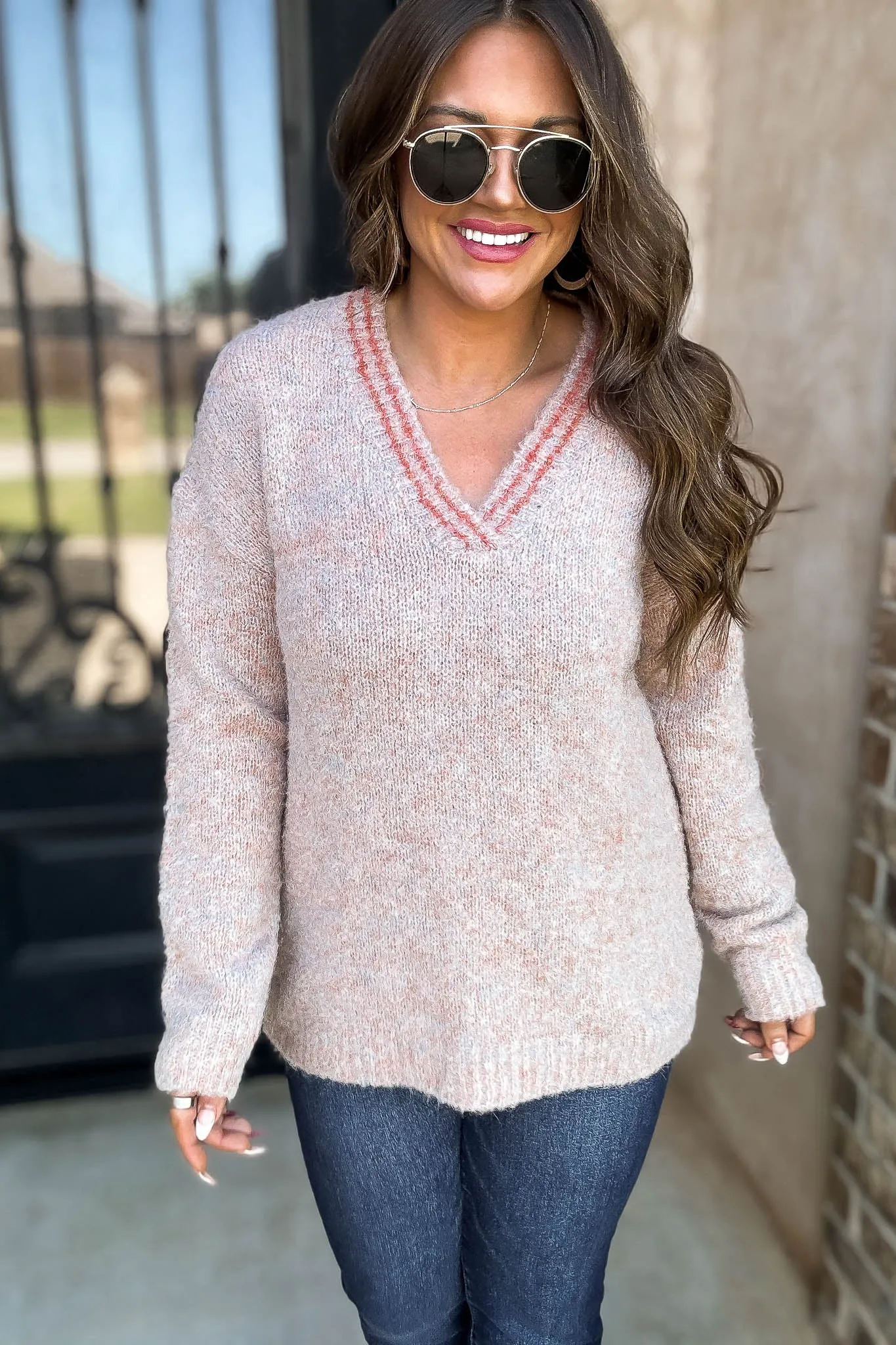 Sweater Weather Mauve Long Sleeve Colorblock Stripes Pullover Sweater