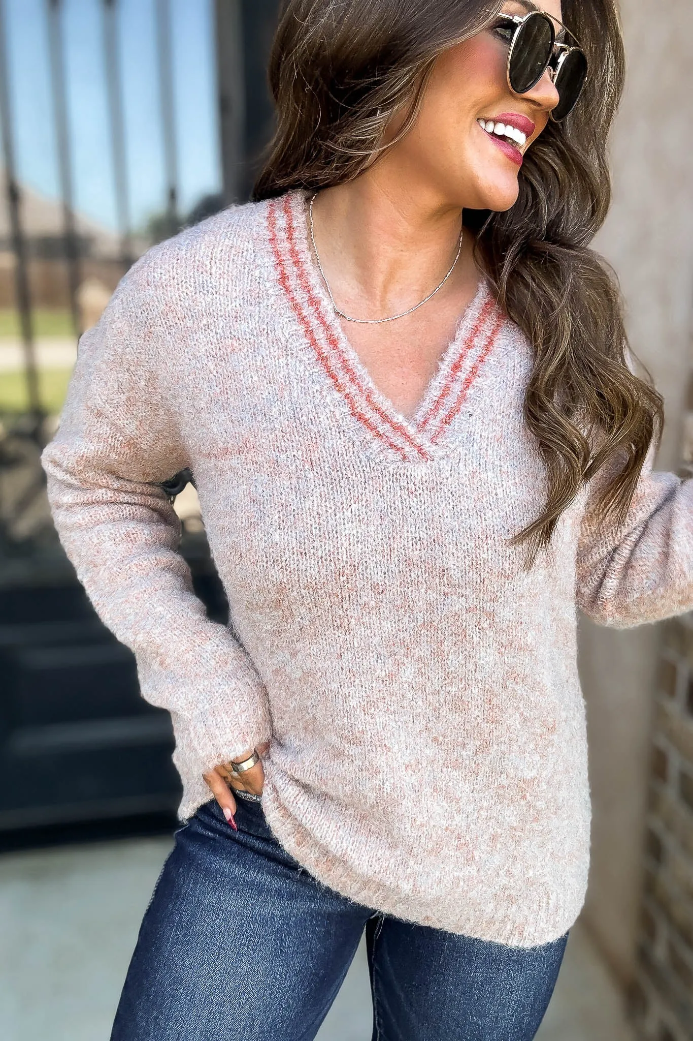 Sweater Weather Mauve Long Sleeve Colorblock Stripes Pullover Sweater