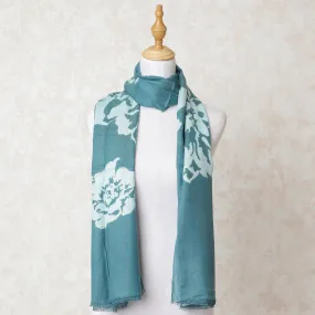 Teal blue poly cotton scarf with light teal blue print in fancy design-D10688