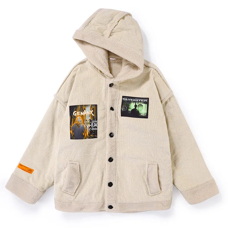 Teddy Jacquard Corduroy Loose Hooded Padded Coat