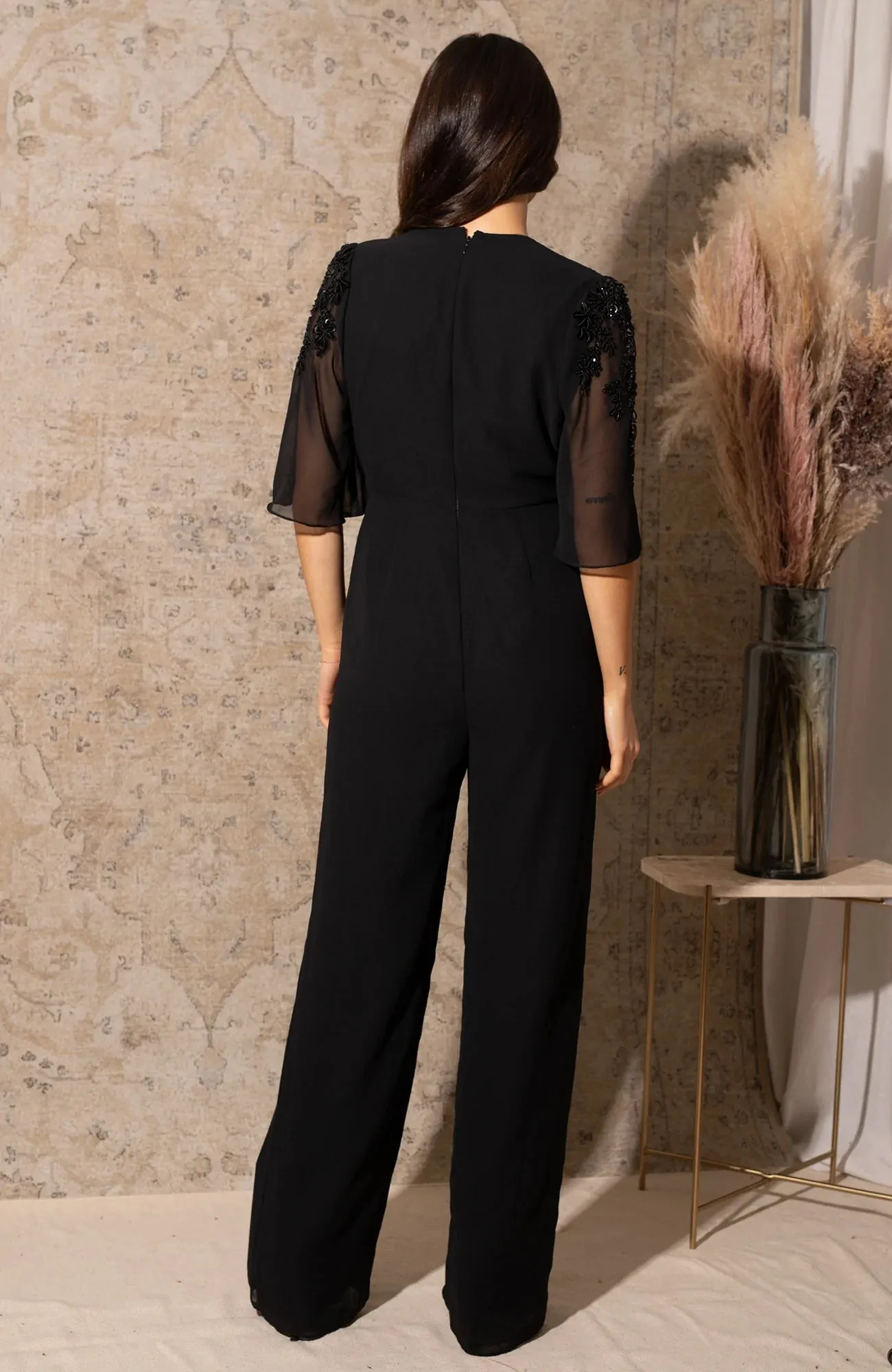 The Zoey Plunge Front Embellished Jumpsuit (Black)