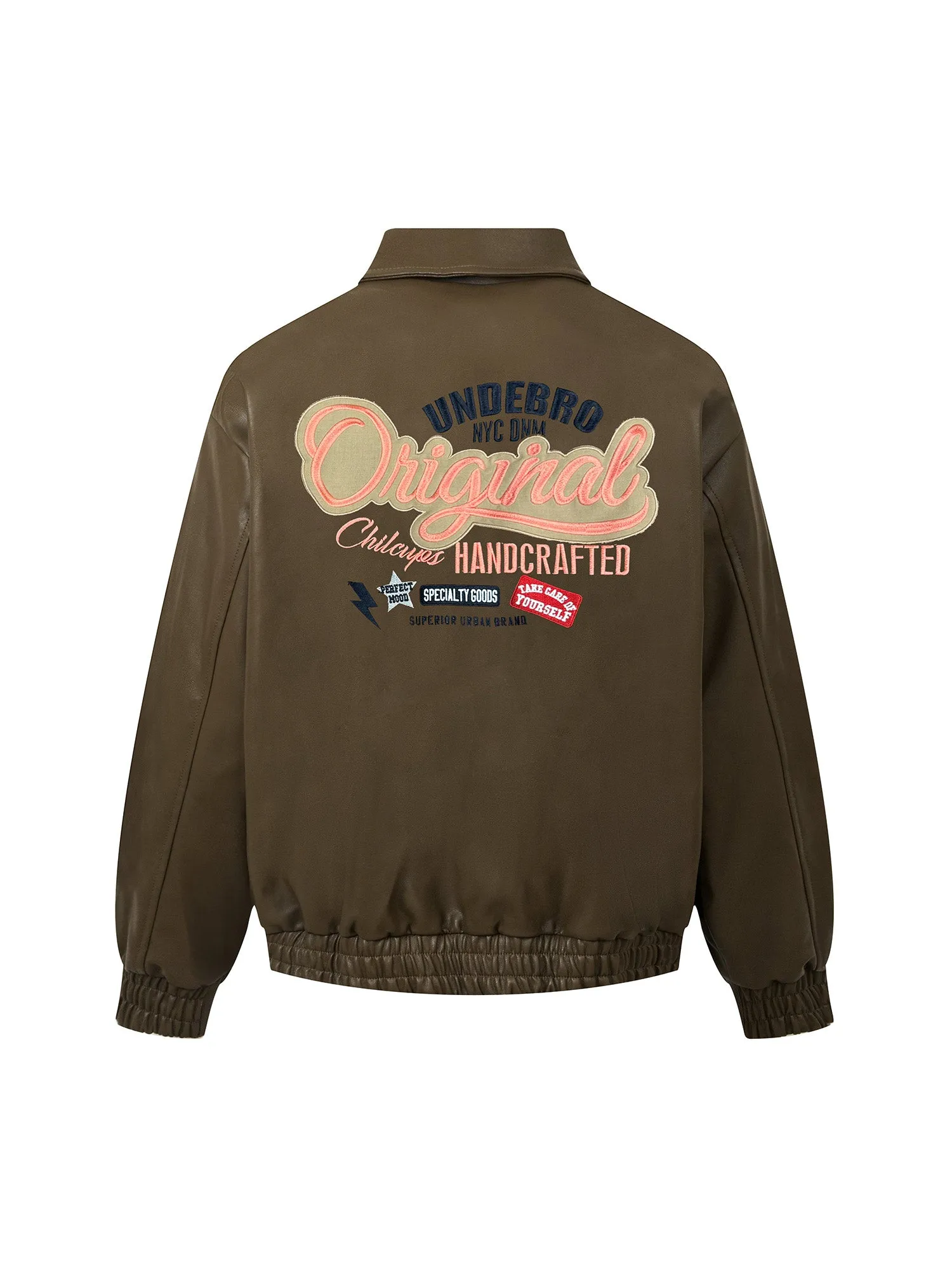 Thesupermade Lettering Embroidered Leather Bomber Jacket