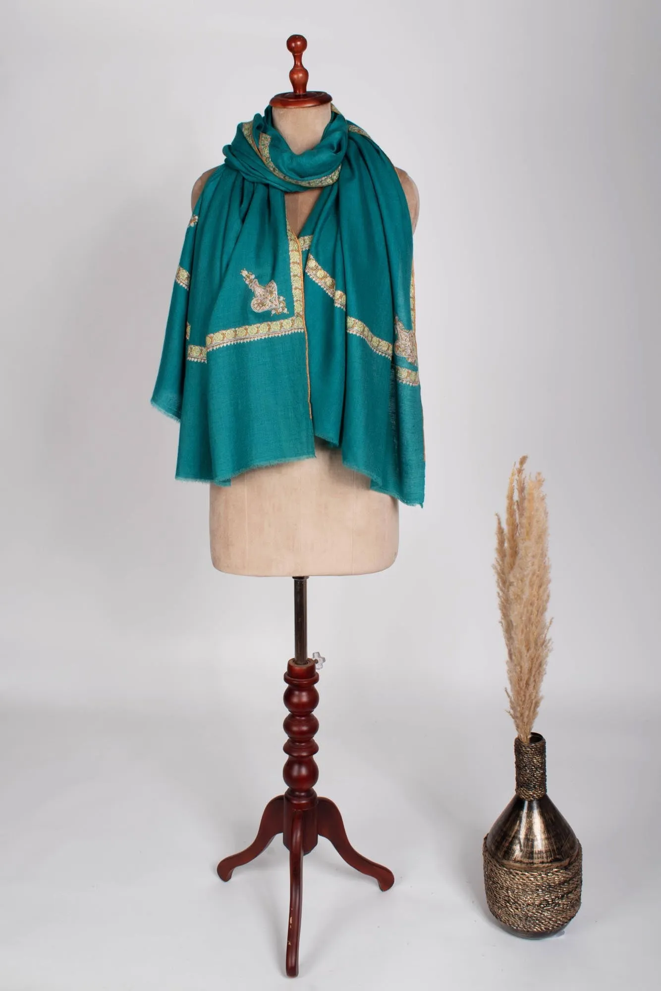 Turquoise Blue Kashmiri Embroidered Shawl - MILTON