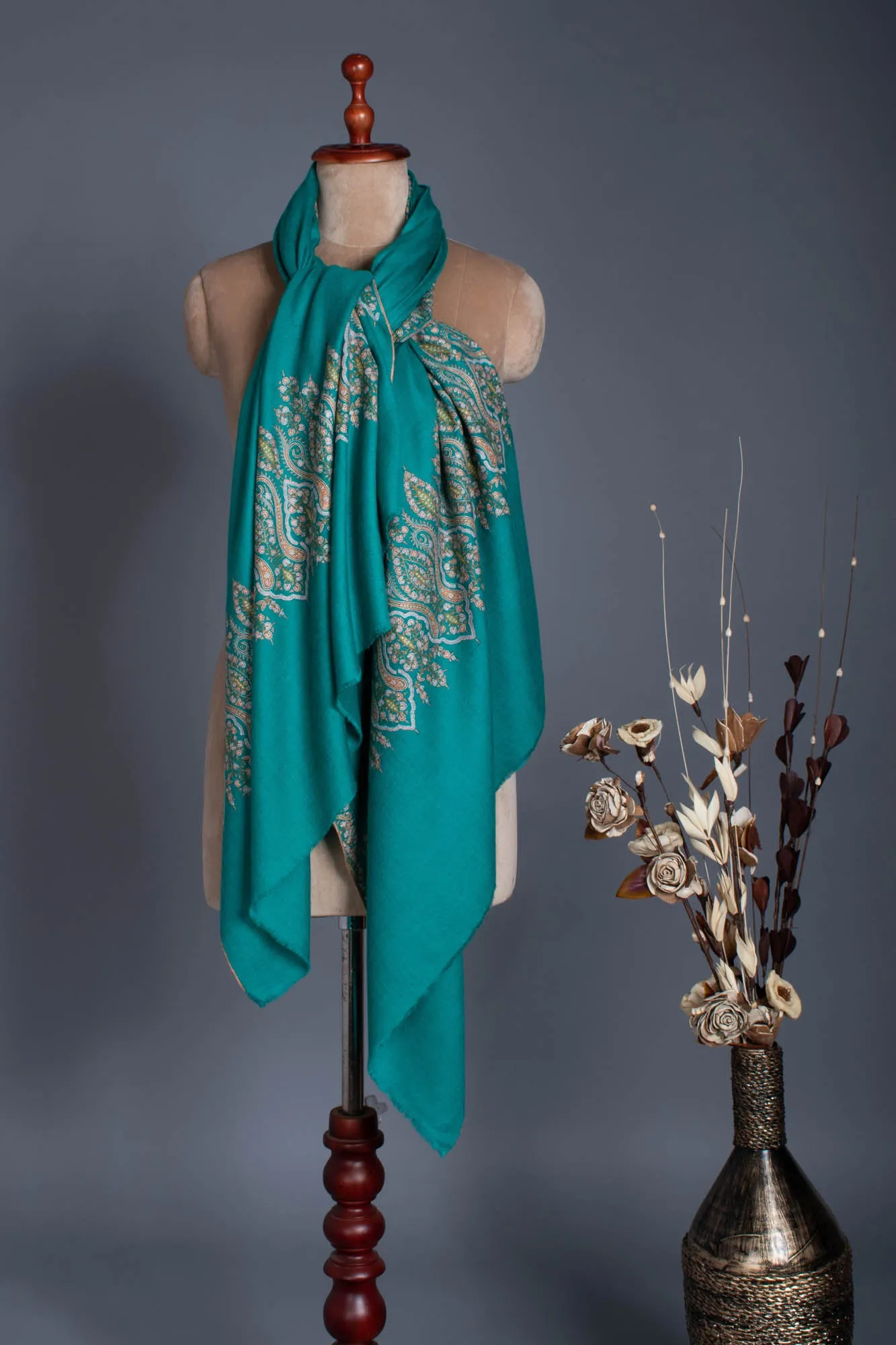 Turquoise Hand Embroidered Pashmina - MERIDA