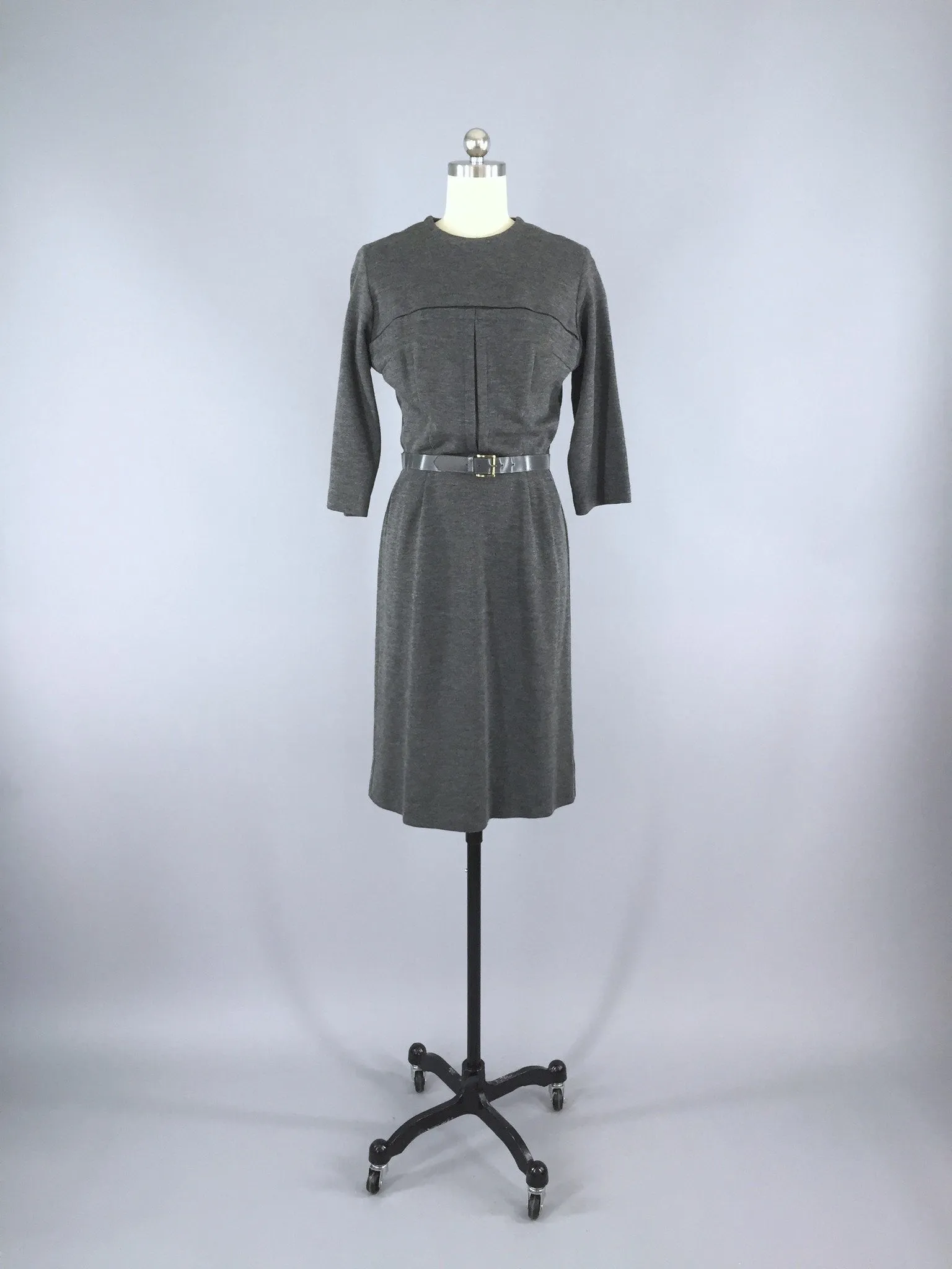 Vintage 1960s Sweater Day Dress / Charcoal Grey Wool Knit