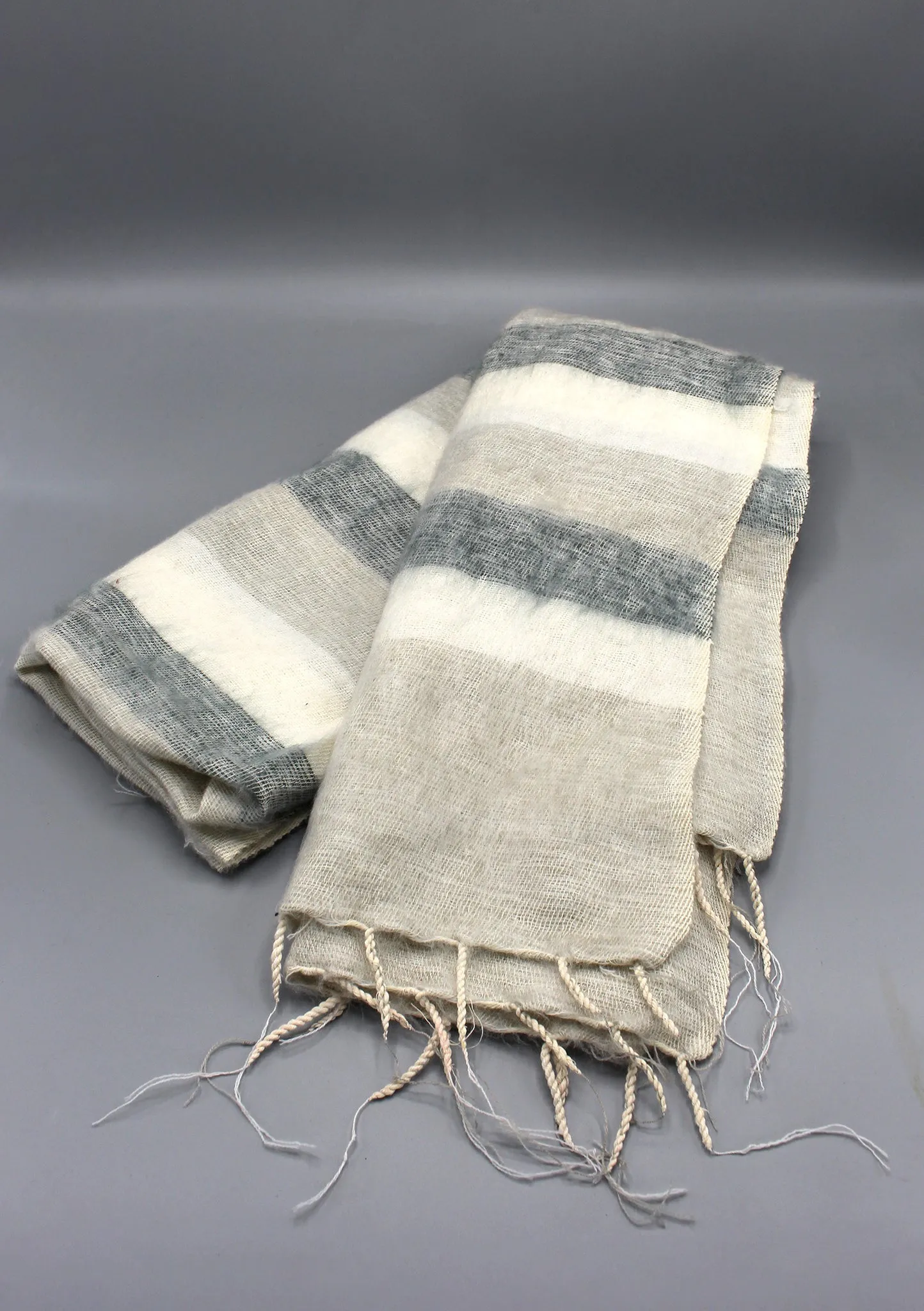 White Grey Lining Hand Loomed Himalayan Yak Wool Shawl