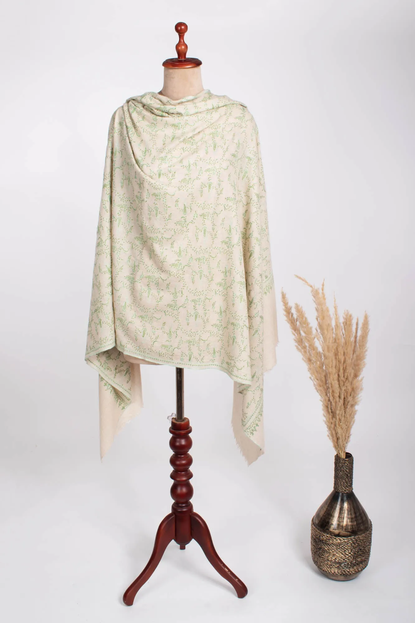 White Kashmiri Pashmina Shawl in Green Embroidery