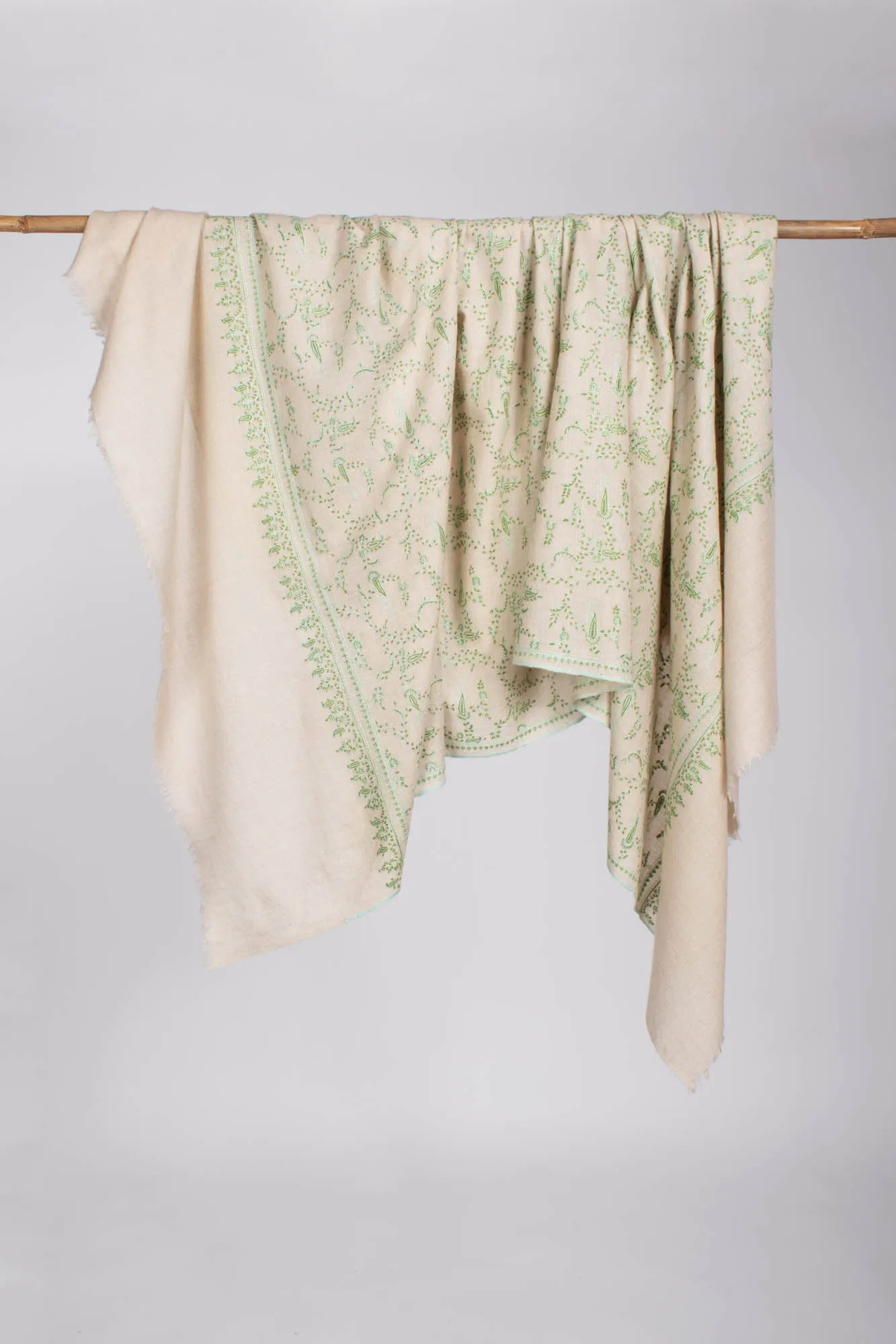 White Kashmiri Pashmina Shawl in Green Embroidery