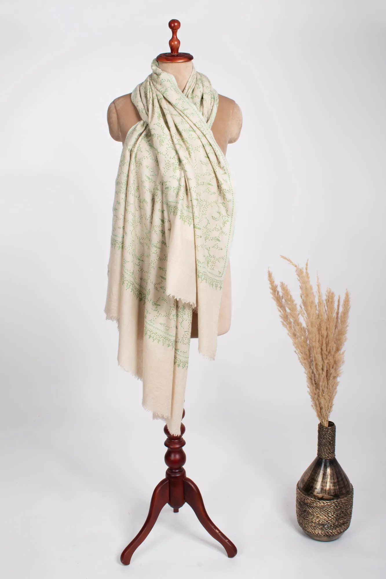 White Kashmiri Pashmina Shawl in Green Embroidery