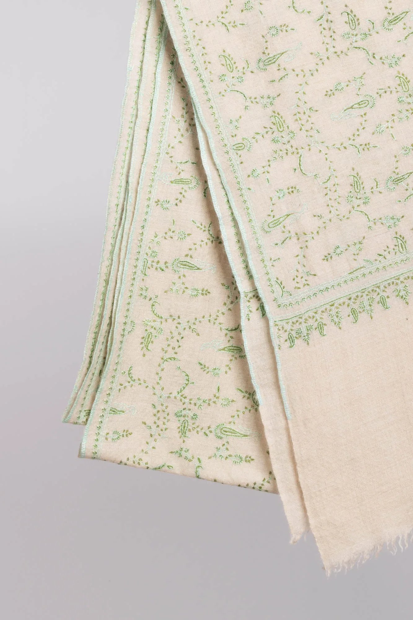 White Kashmiri Pashmina Shawl in Green Embroidery