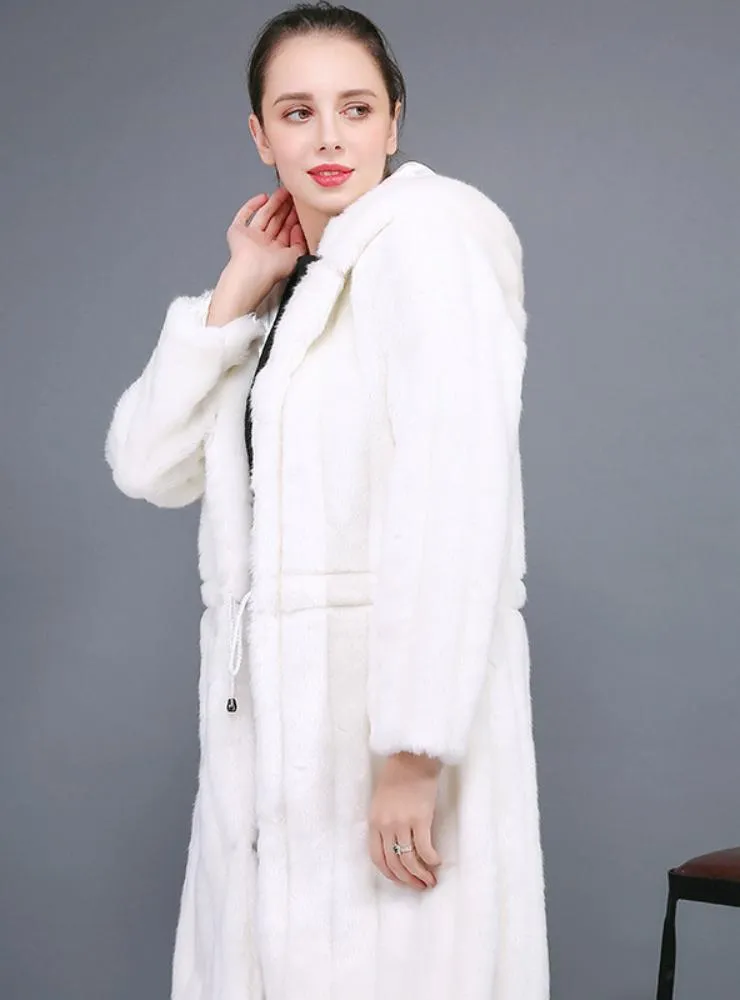 White Long Coat With Rabbit Fur Cap For Women