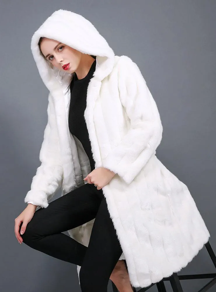 White Long Coat With Rabbit Fur Cap For Women