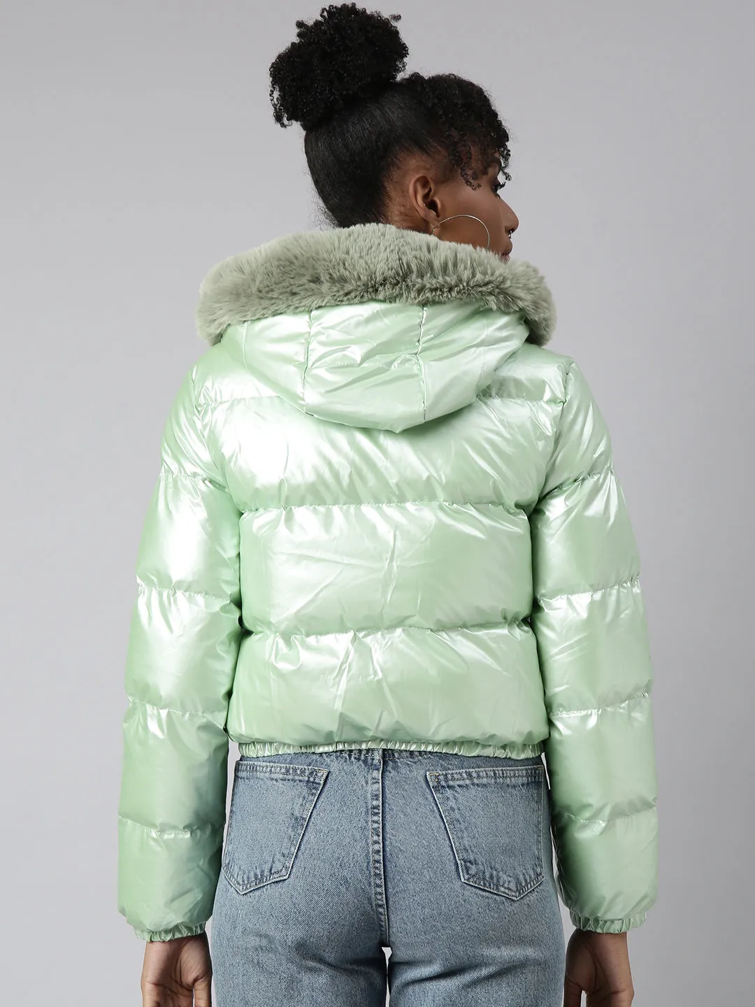 Women Solid Green Puffer Jacket Comes with Detachable Hood