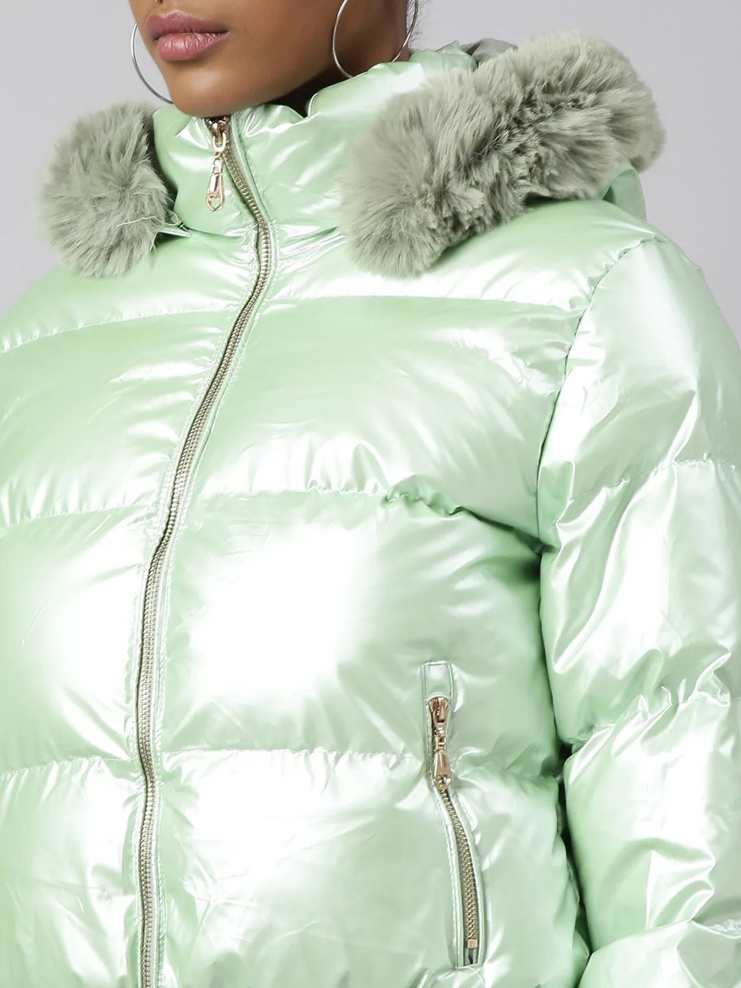 Women Solid Green Puffer Jacket Comes with Detachable Hood