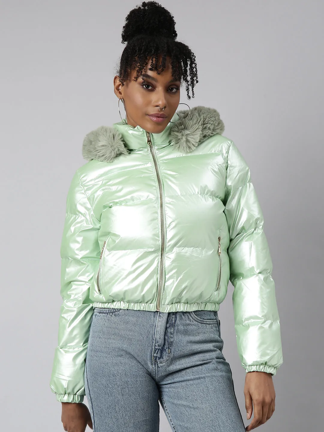 Women Solid Green Puffer Jacket Comes with Detachable Hood