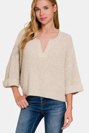 Zenana Sweater Notched Side Slit Patch 3/4 Sleeve