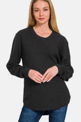 Zenana Sweater Round Neck Long Sleeve Curved Hem