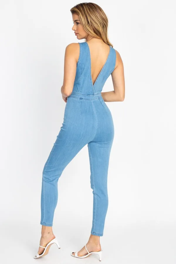 Zip Front V Neck Denim Jumpsuit